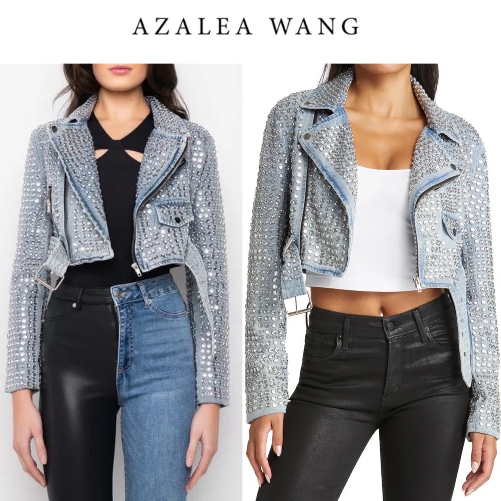 AZALEA WANG Gazette Embellished Crop Denim Jacket sz S